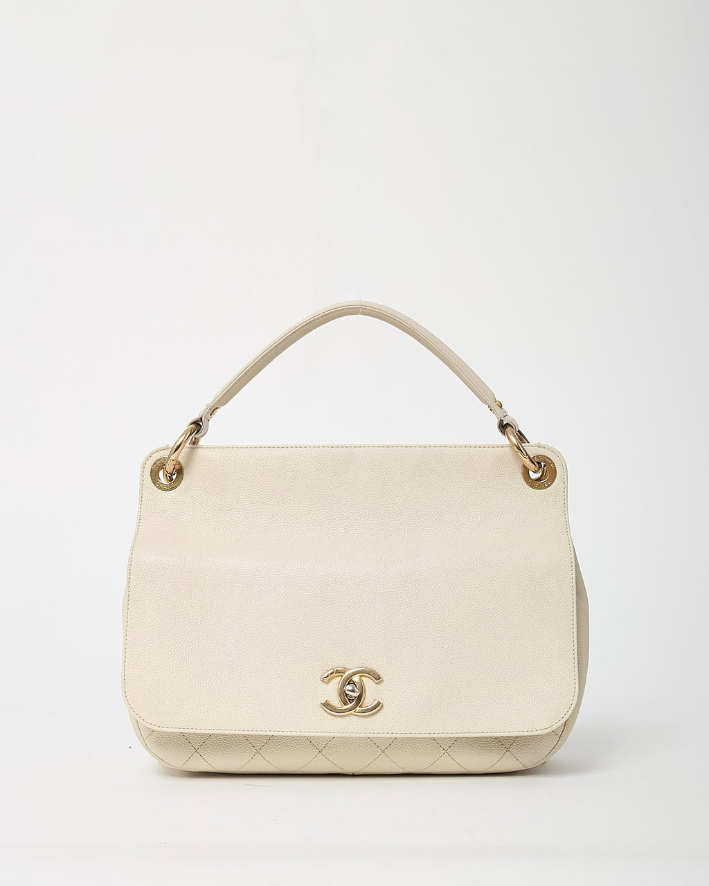 Chanel White Caviar Leather Large Top Handle Flap Bag with Removable Strap