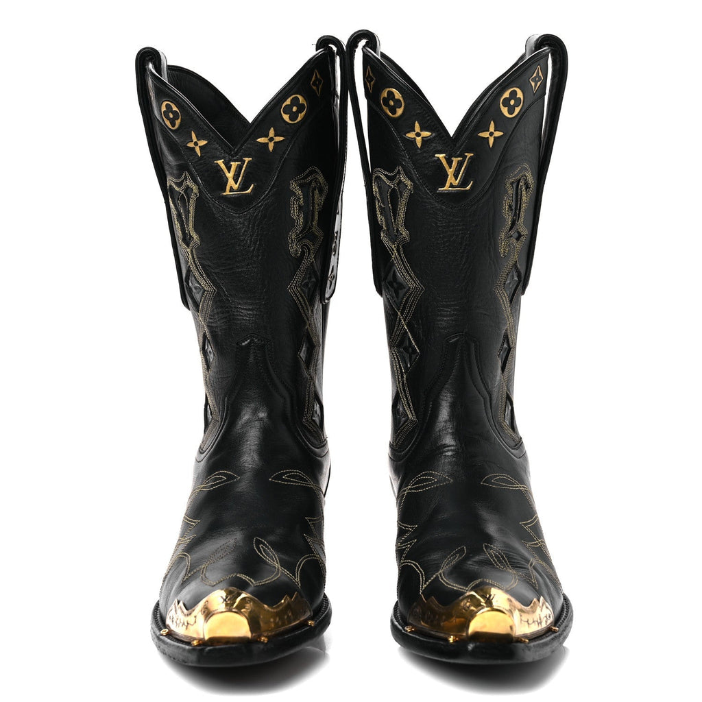 Calfskin LV Texan Mens Rider Boots 7.5 Black Gold