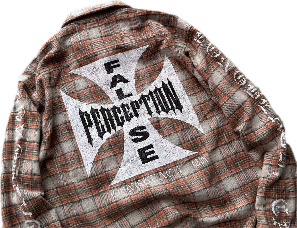 MIXED EMOTION Plaid Graphic Distressed Shirt