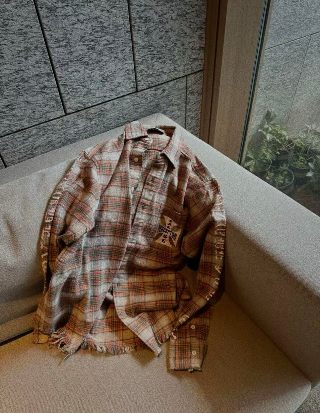MIXED EMOTION Plaid Graphic Distressed Shirt