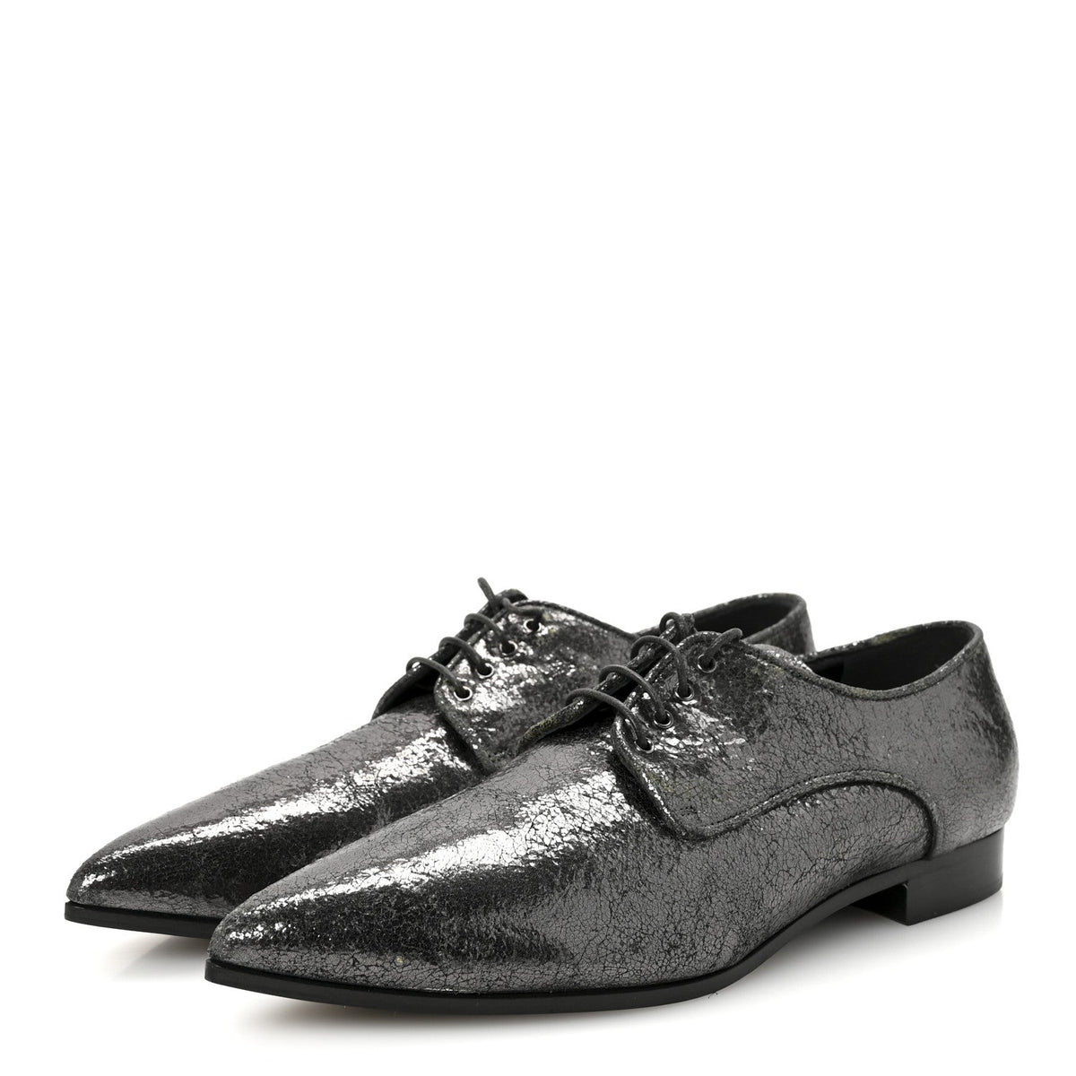 Metallic Crinkled Patent Lace Up Oxford Flats 37.5 Dark Silver