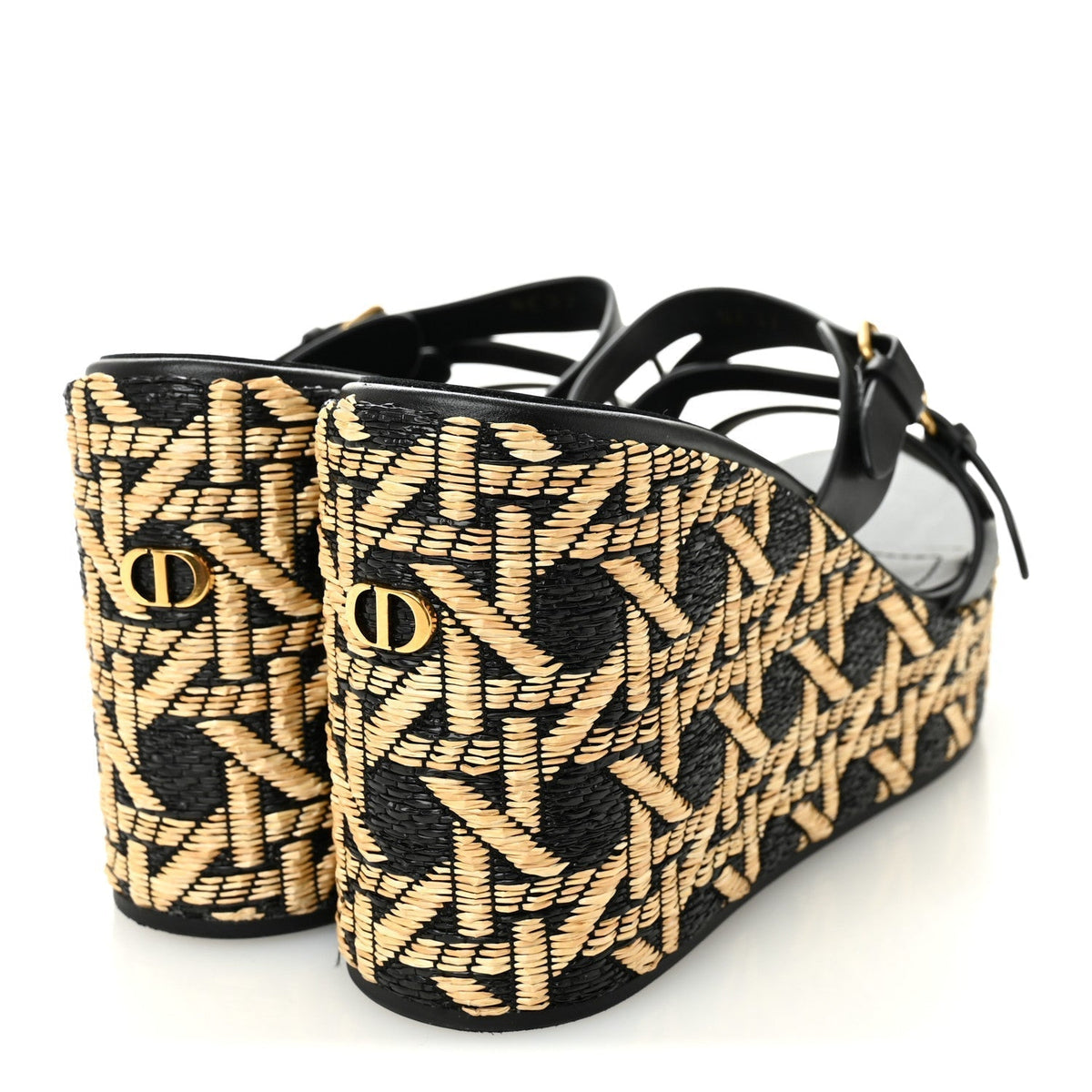 Raffia Calfskin L'Amazone Wedge Sandals 37 Black Natural