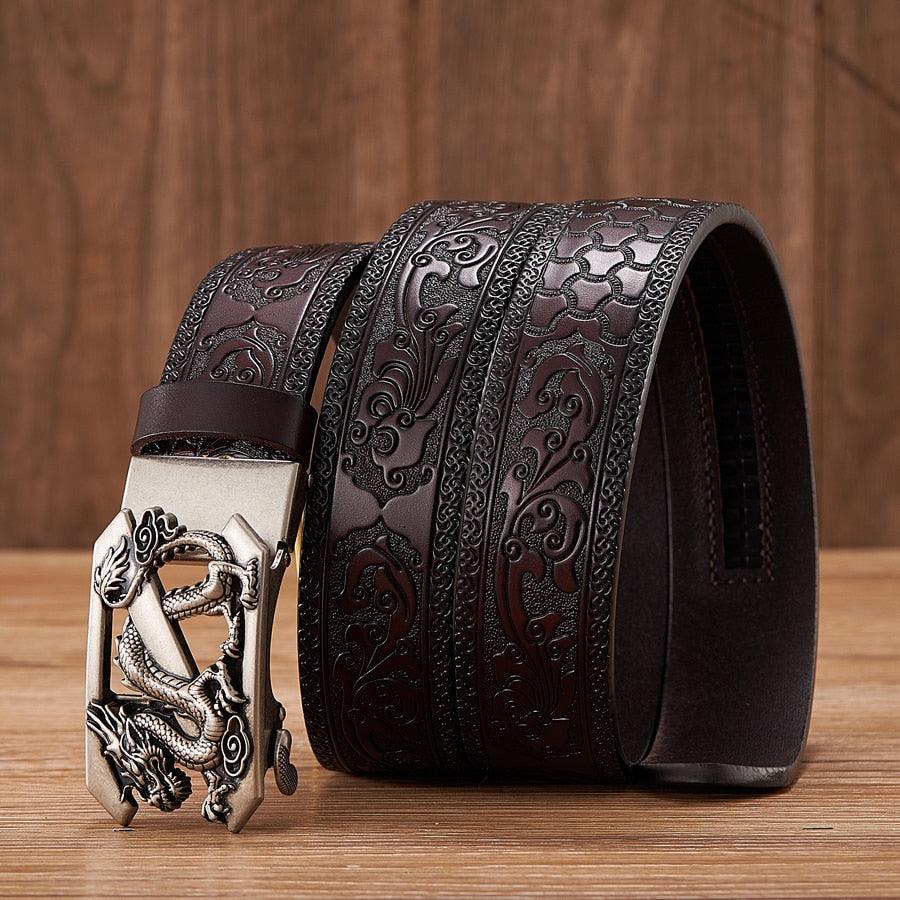Embossed Z Dragon Pendant Leather Belt