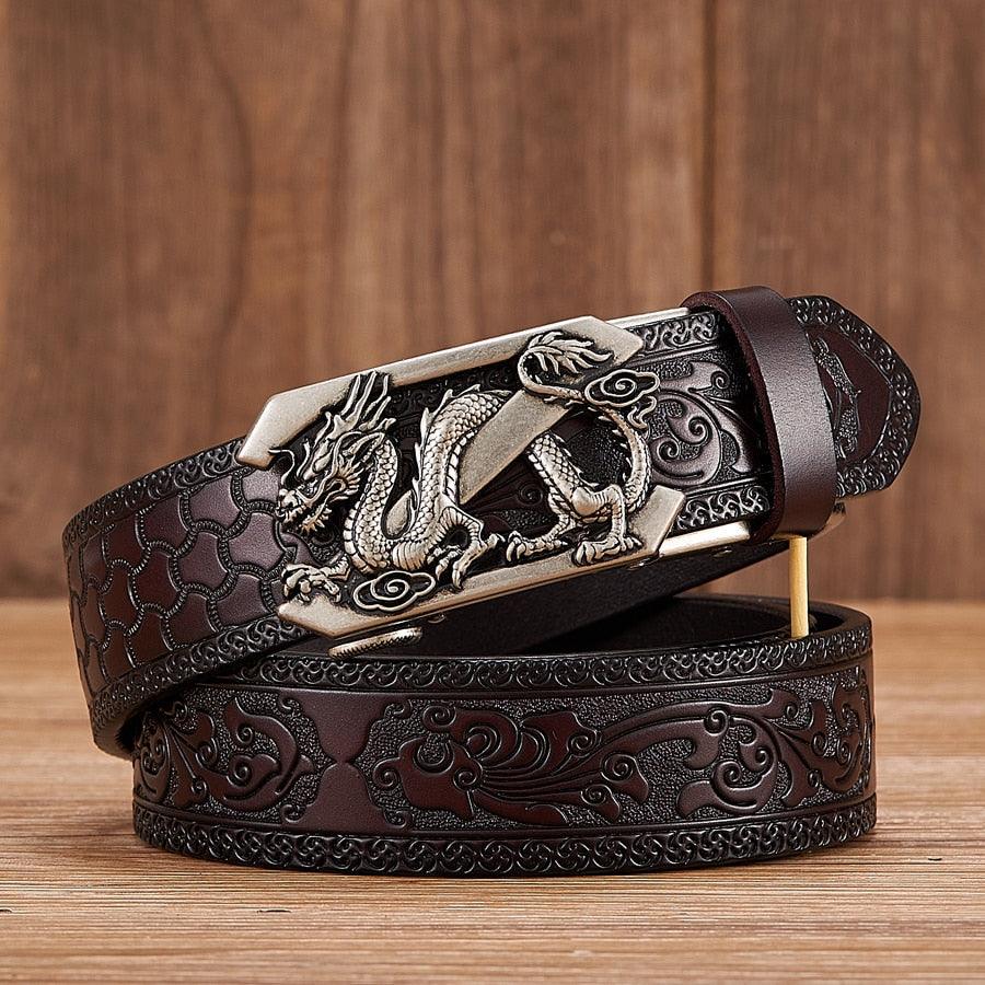 Embossed Z Dragon Pendant Leather Belt