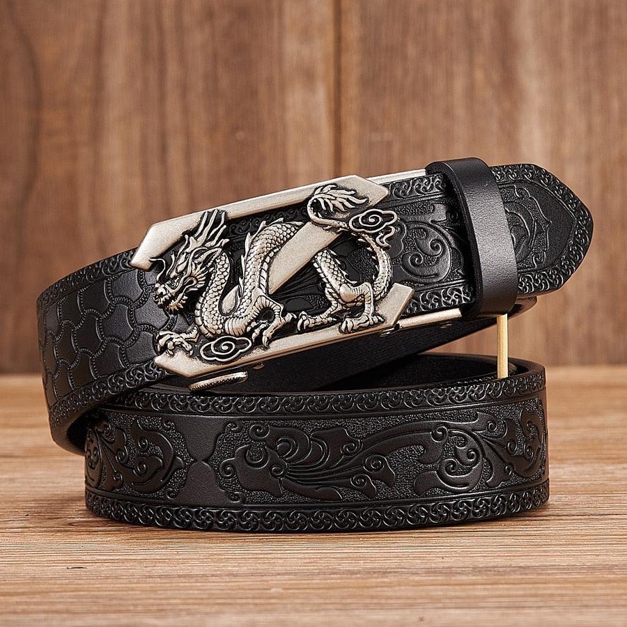Embossed Z Dragon Pendant Leather Belt