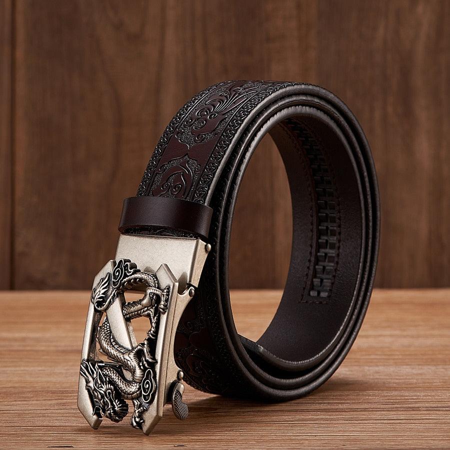 Embossed Z Dragon Pendant Leather Belt