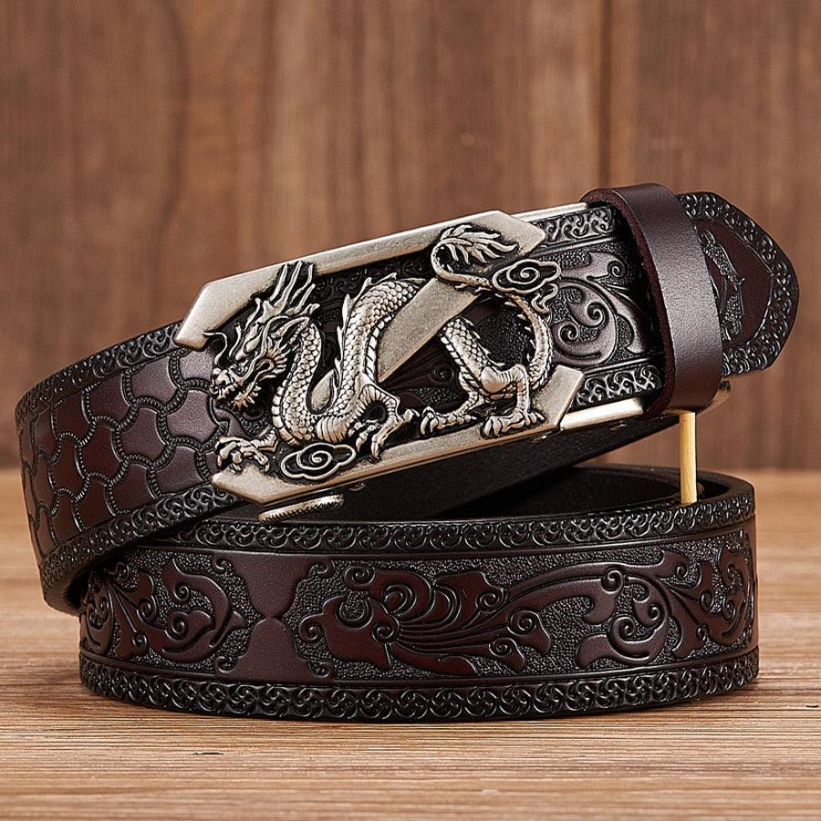 Embossed Z Dragon Pendant Leather Belt