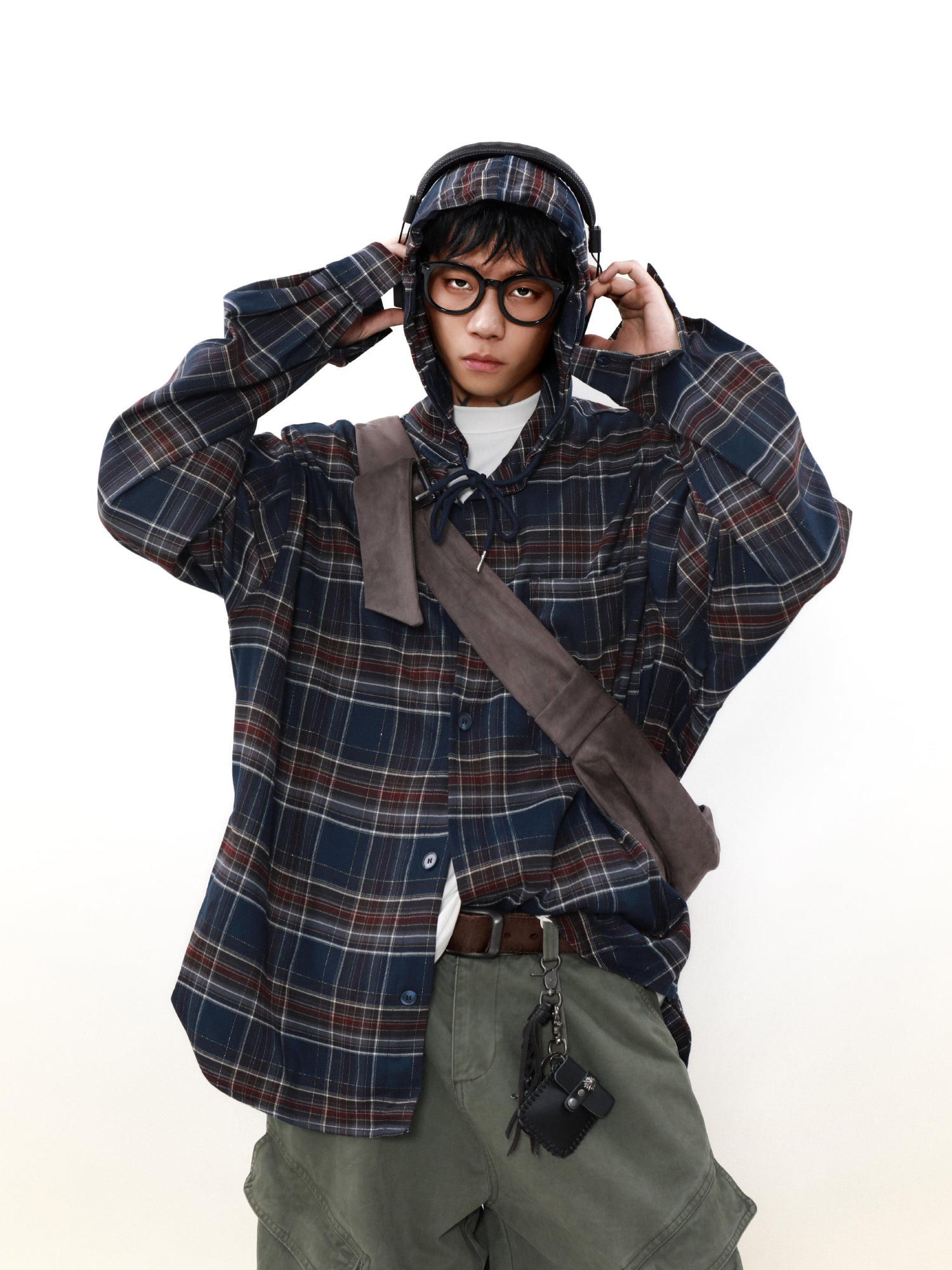 MRNEARLY Shadow Plaid Hooded Flannel Jacket