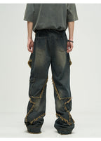WLNEXT Raw Edge Star Stitched Jeans