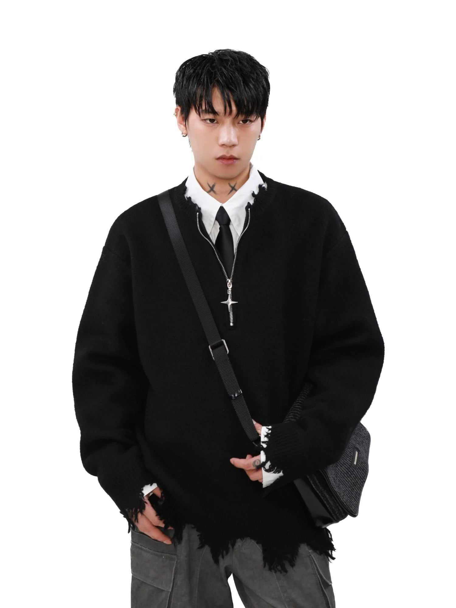MRNEARLY Distressed Half Zip Deconstruction Sweater