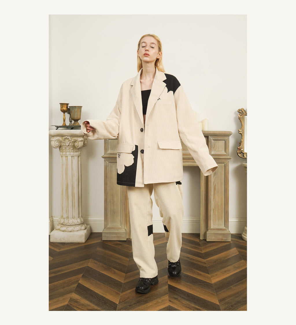 EMPTY REFERENCE Two-Tone Flower Corduroy Blazer