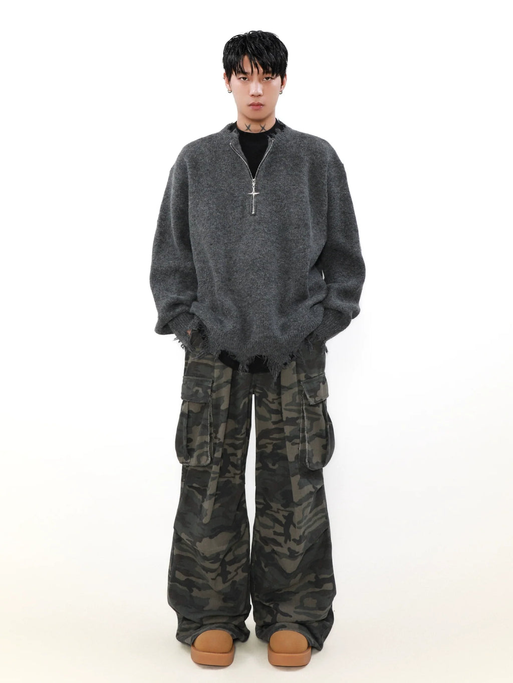 MRNEARLY Distressed Half Zip Deconstruction Sweater