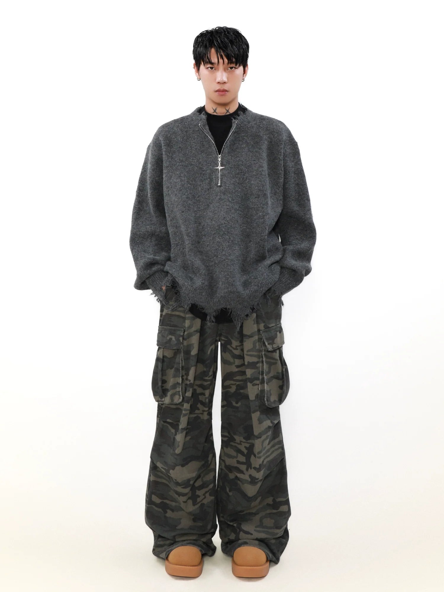 MRNEARLY Distressed Half Zip Deconstruction Sweater