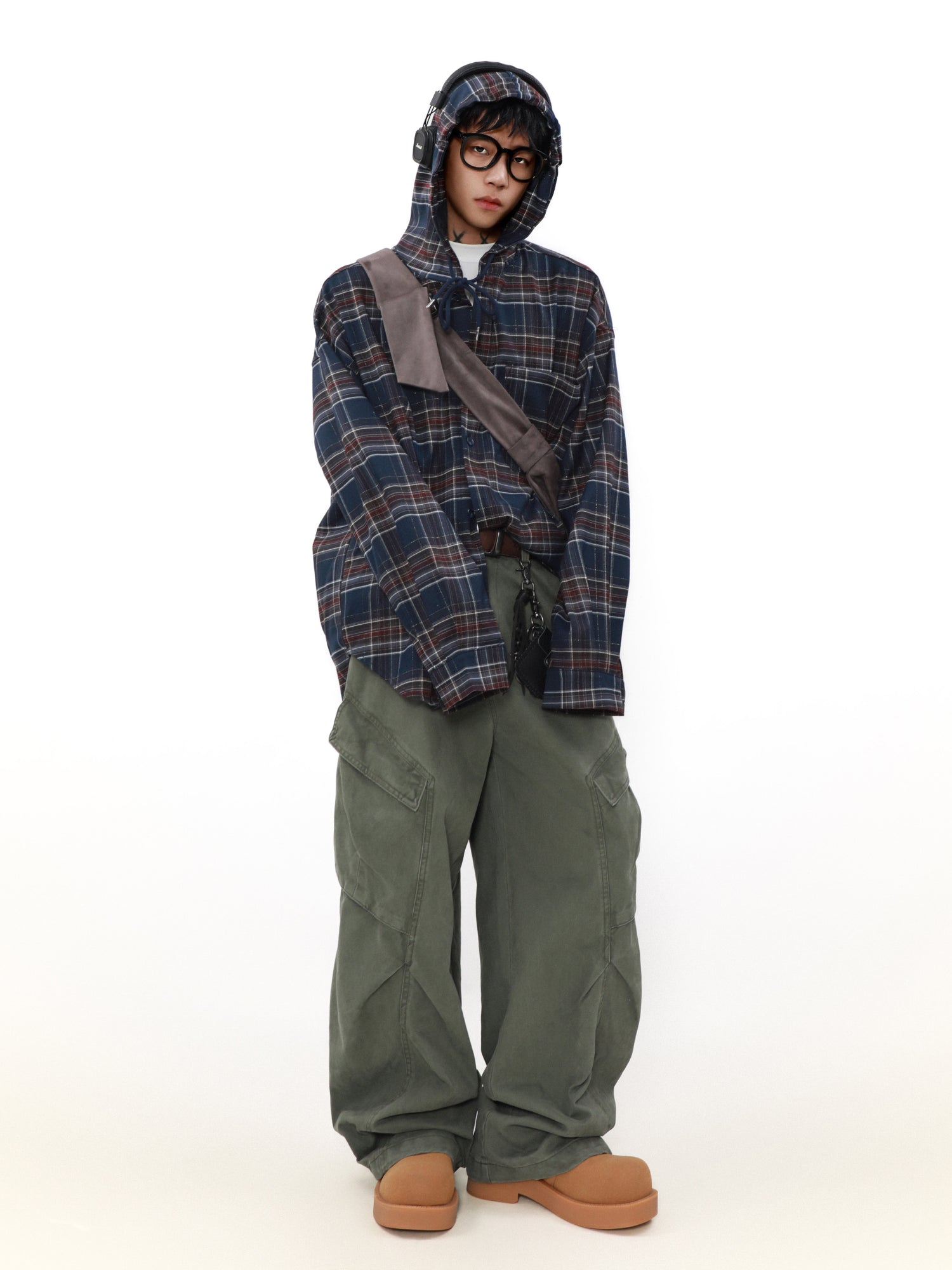 MRNEARLY Shadow Plaid Hooded Flannel Jacket