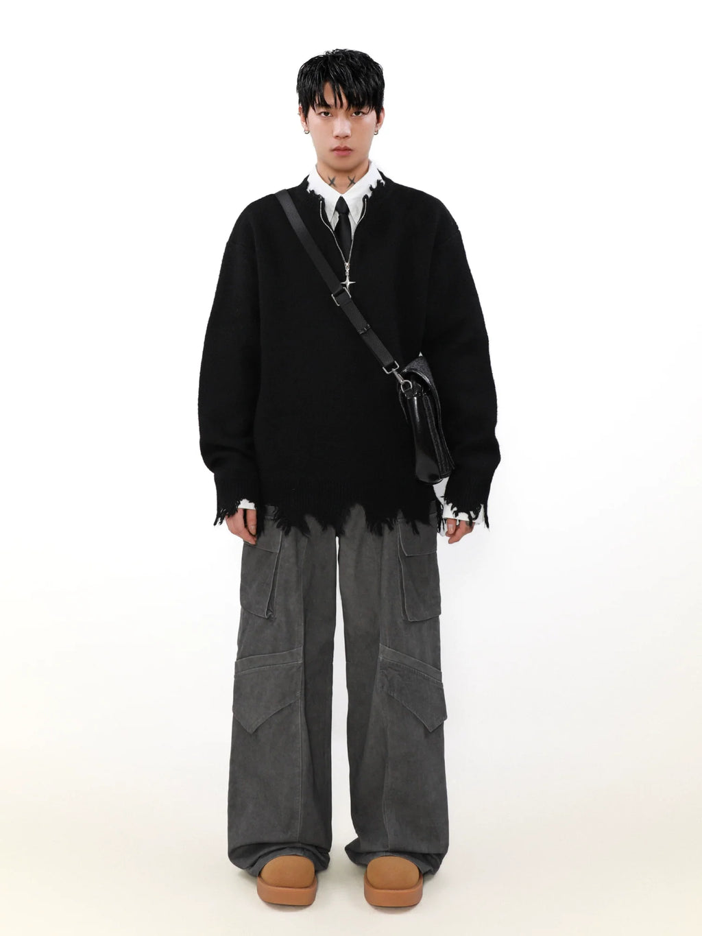 MRNEARLY Distressed Half Zip Deconstruction Sweater
