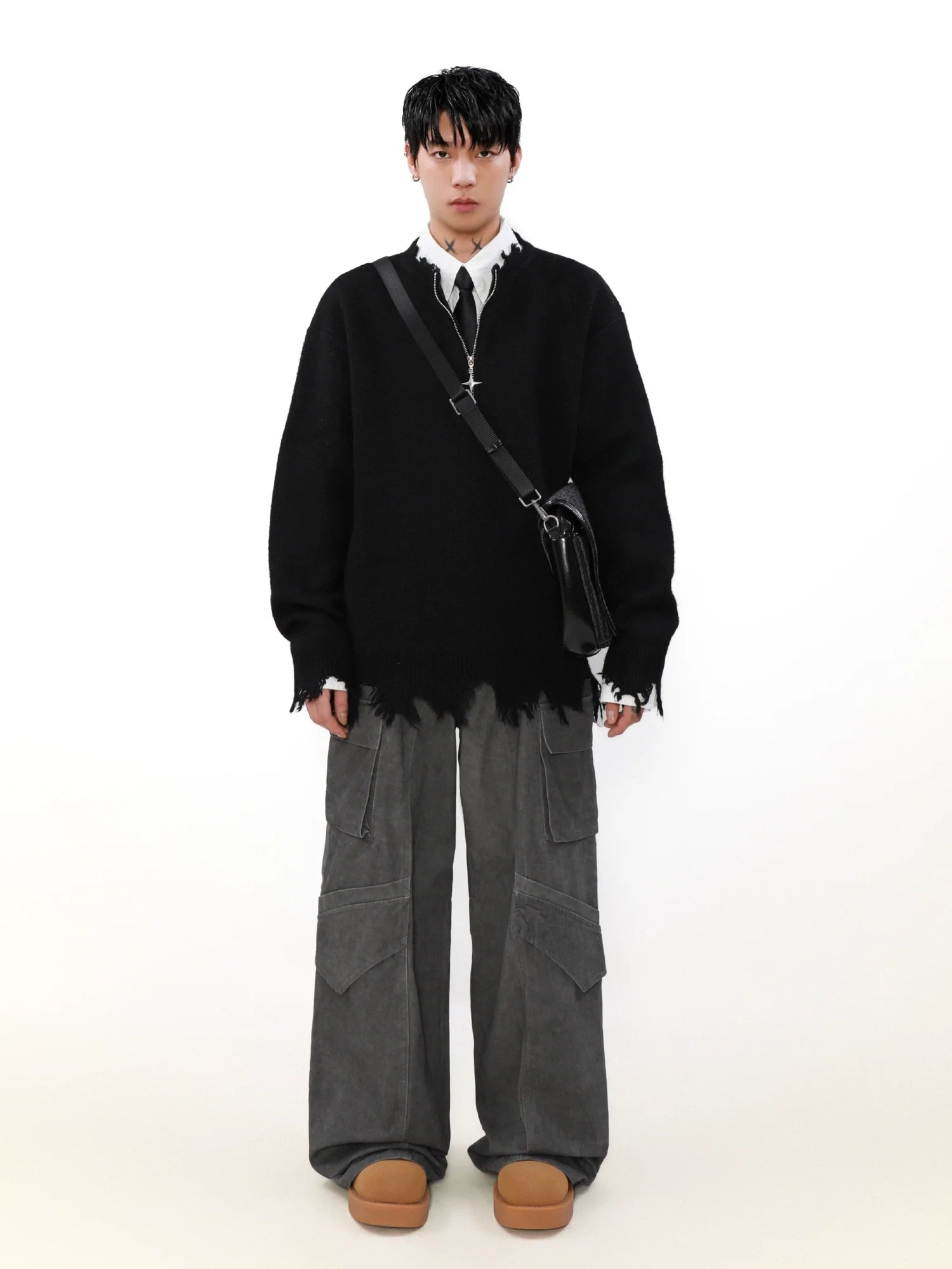 MRNEARLY Distressed Half Zip Deconstruction Sweater