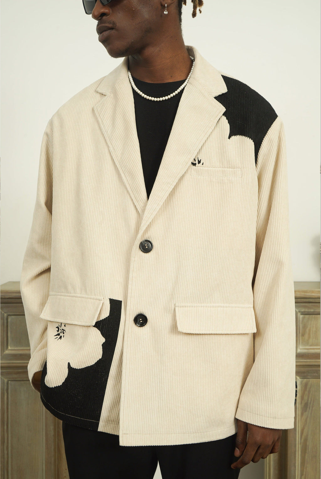 EMPTY REFERENCE Two-Tone Flower Corduroy Blazer