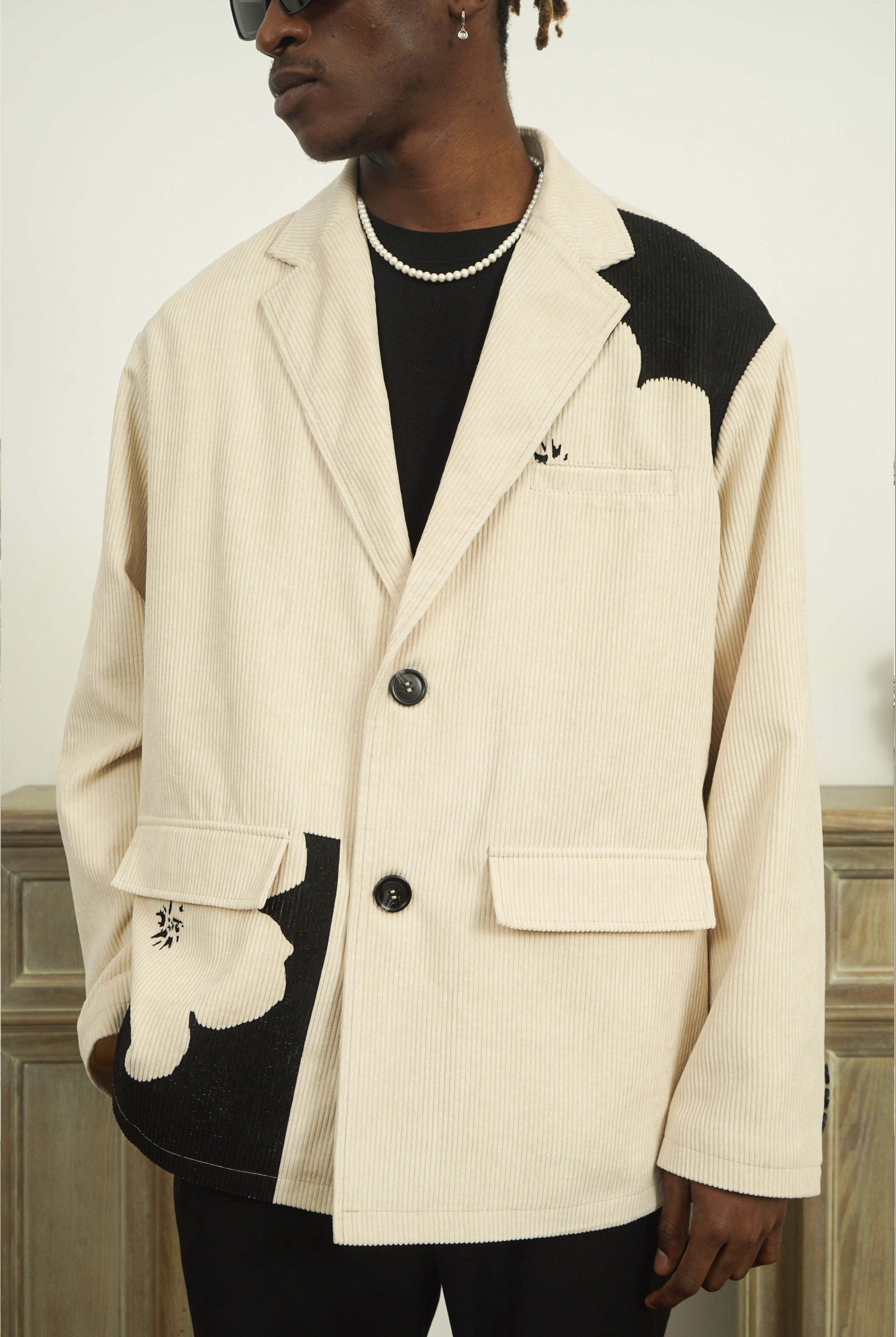 EMPTY REFERENCE Two-Tone Flower Corduroy Blazer