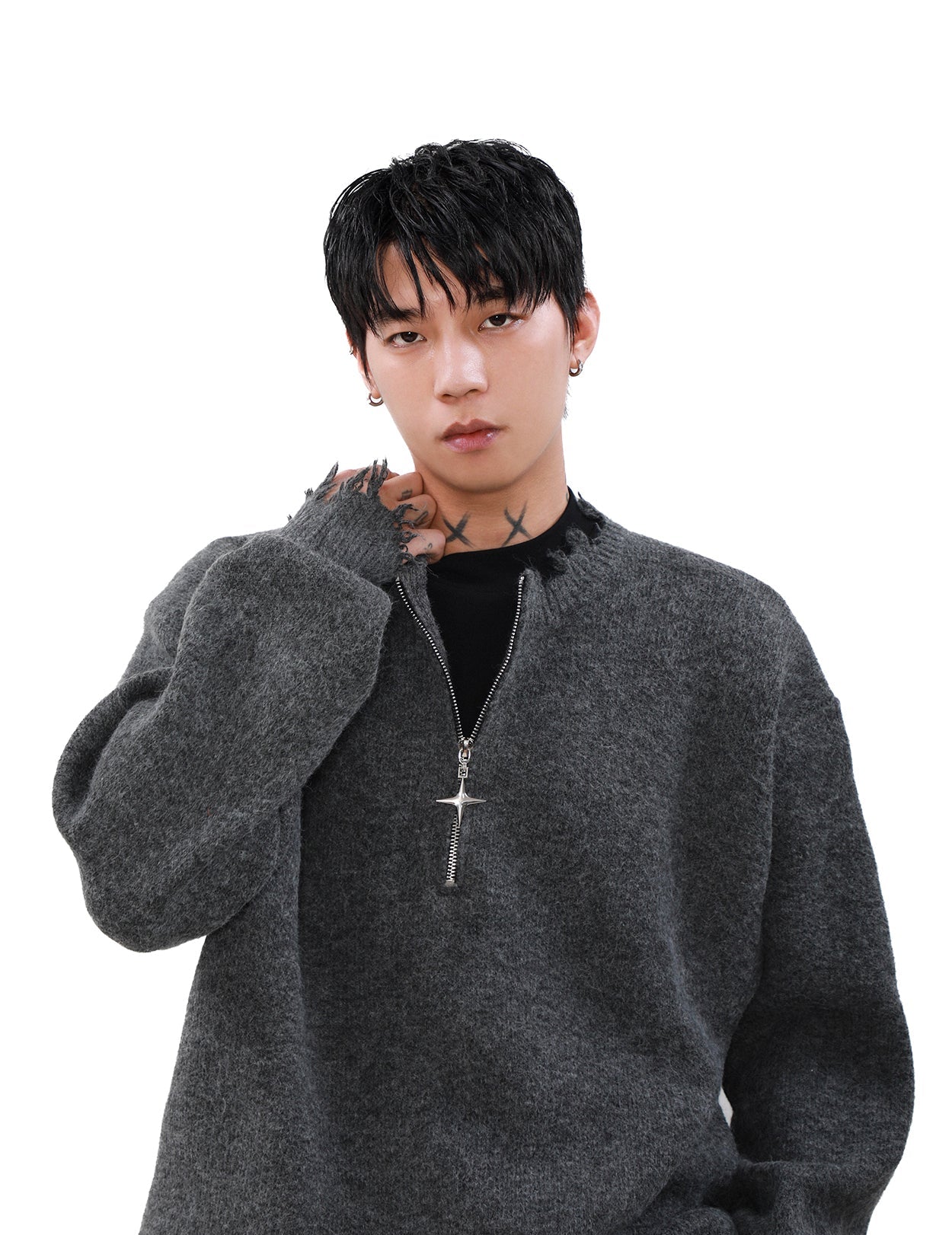 MRNEARLY Distressed Half Zip Deconstruction Sweater