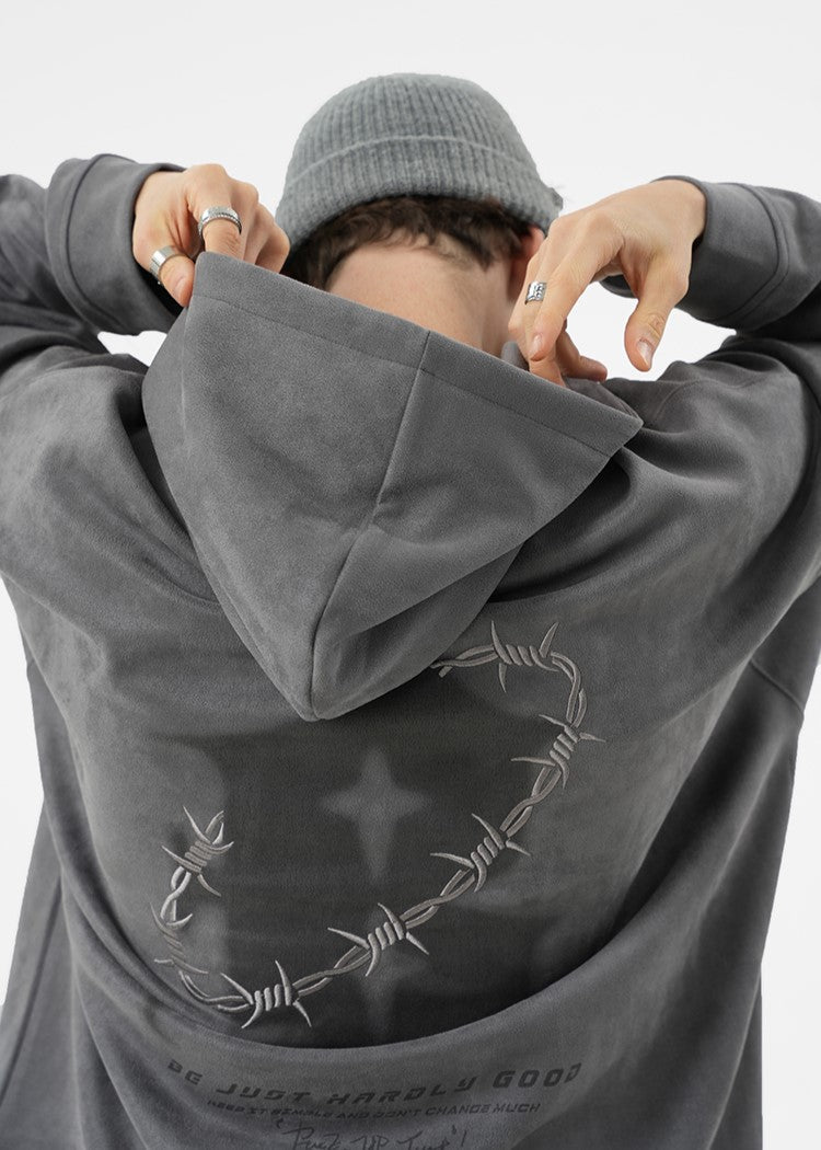 BJHG Embroidered Thorns Suede Hoodie