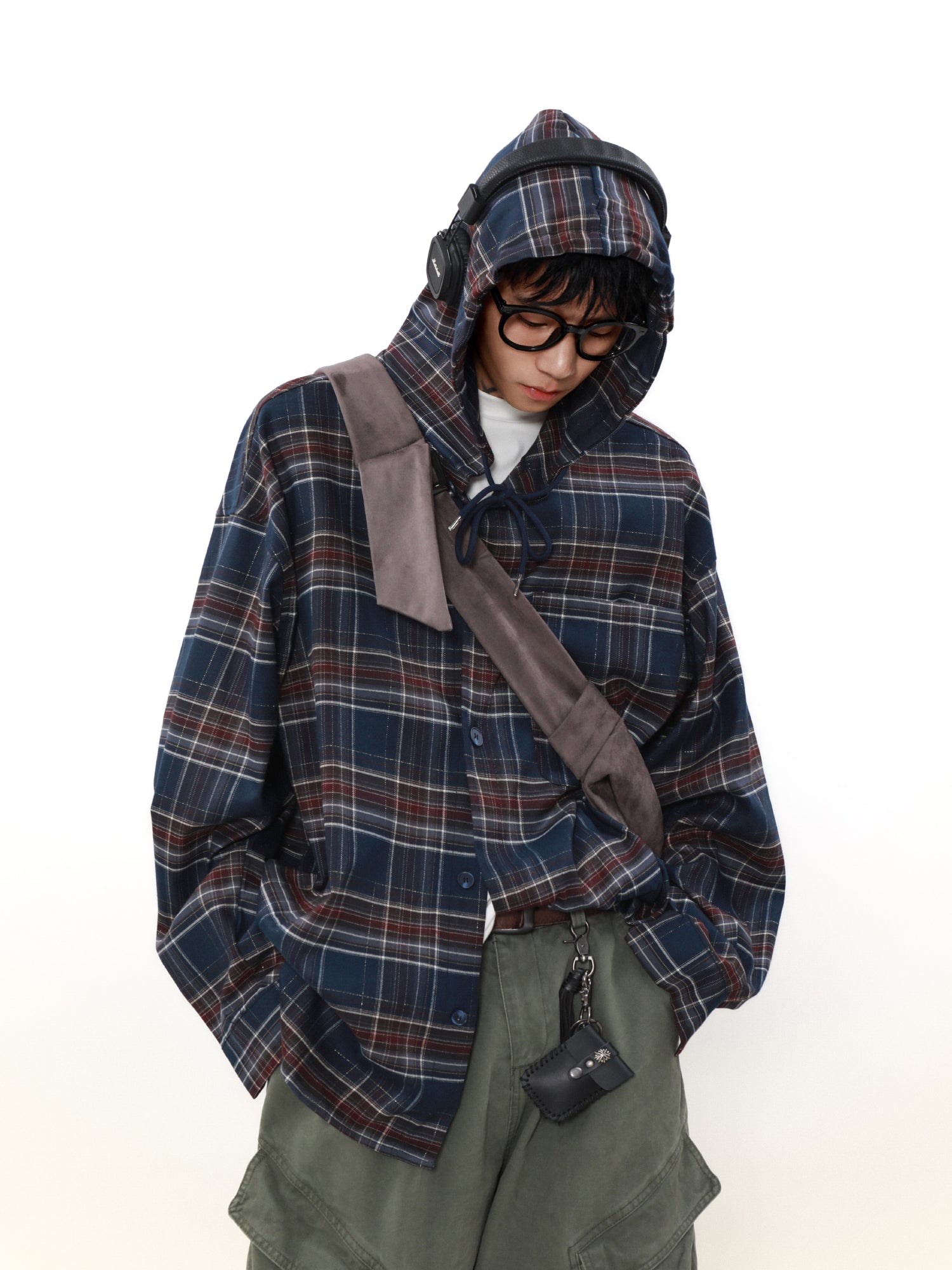 MRNEARLY Shadow Plaid Hooded Flannel Jacket