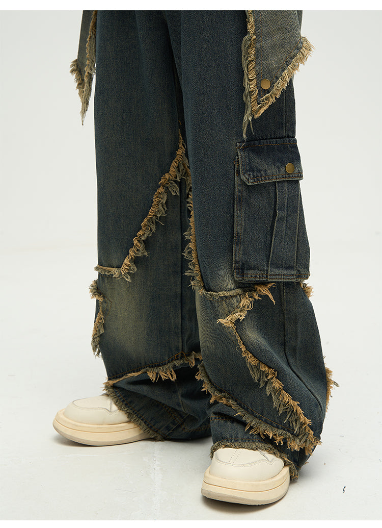 WLNEXT Raw Edge Star Stitched Jeans