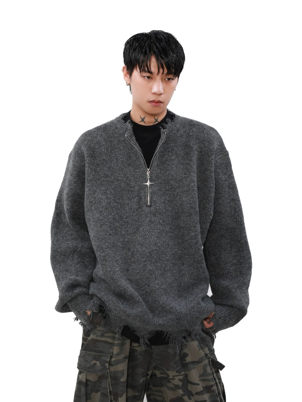 MRNEARLY Distressed Half Zip Deconstruction Sweater