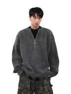 MRNEARLY Distressed Half Zip Deconstruction Sweater