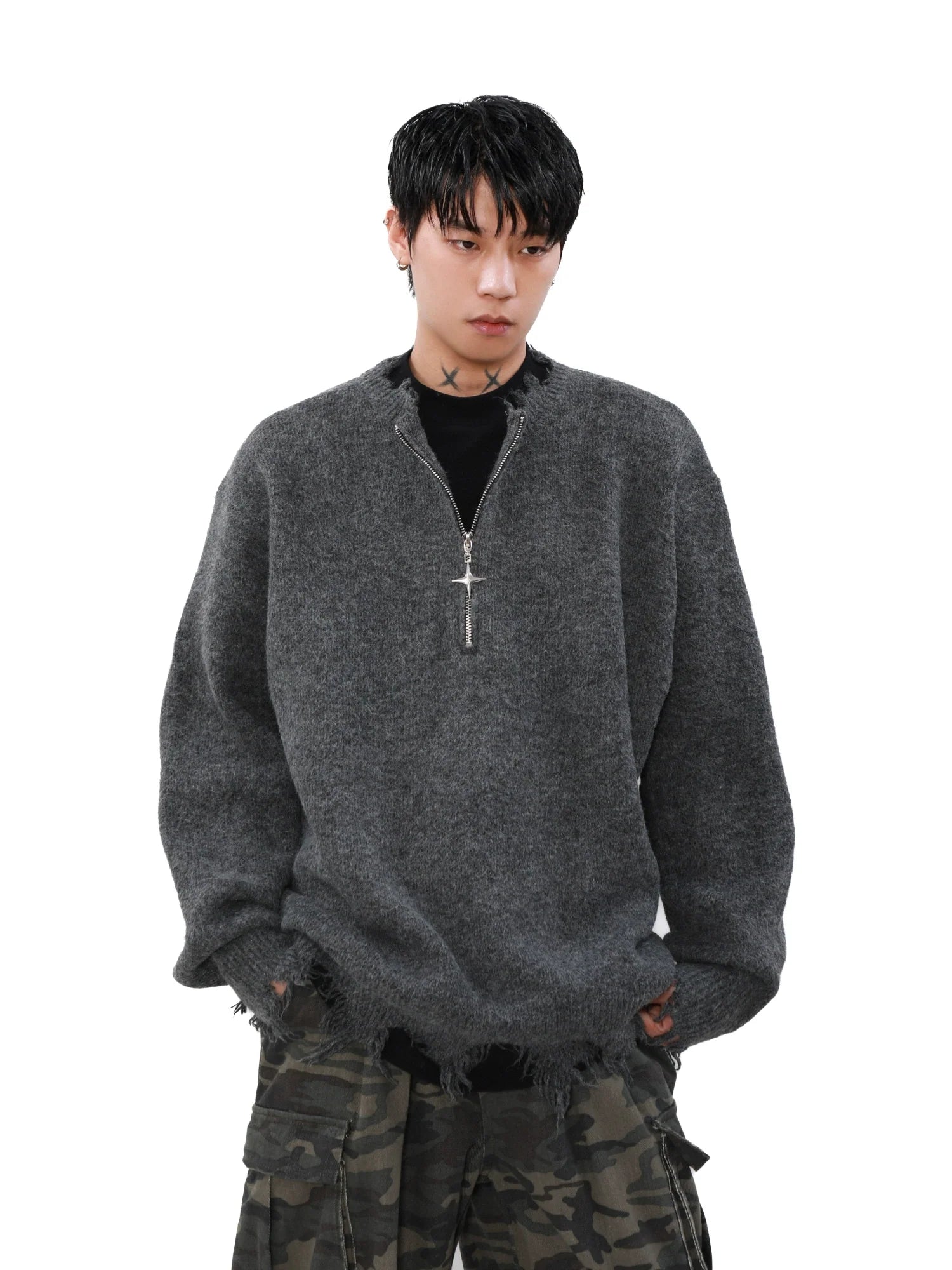 MRNEARLY Distressed Half Zip Deconstruction Sweater