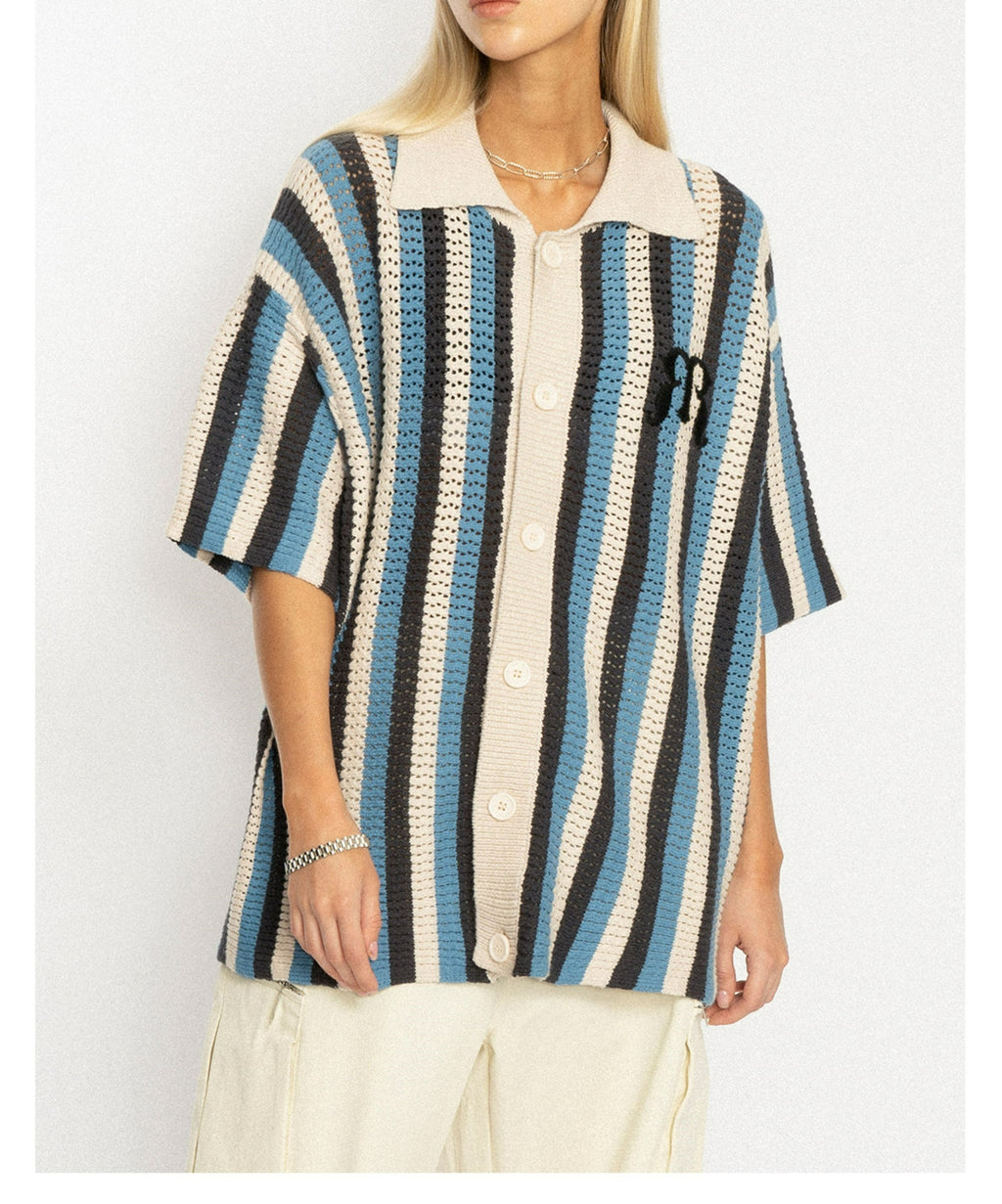 EMPTY REFERENCE Striped Crochet Collar Shirt