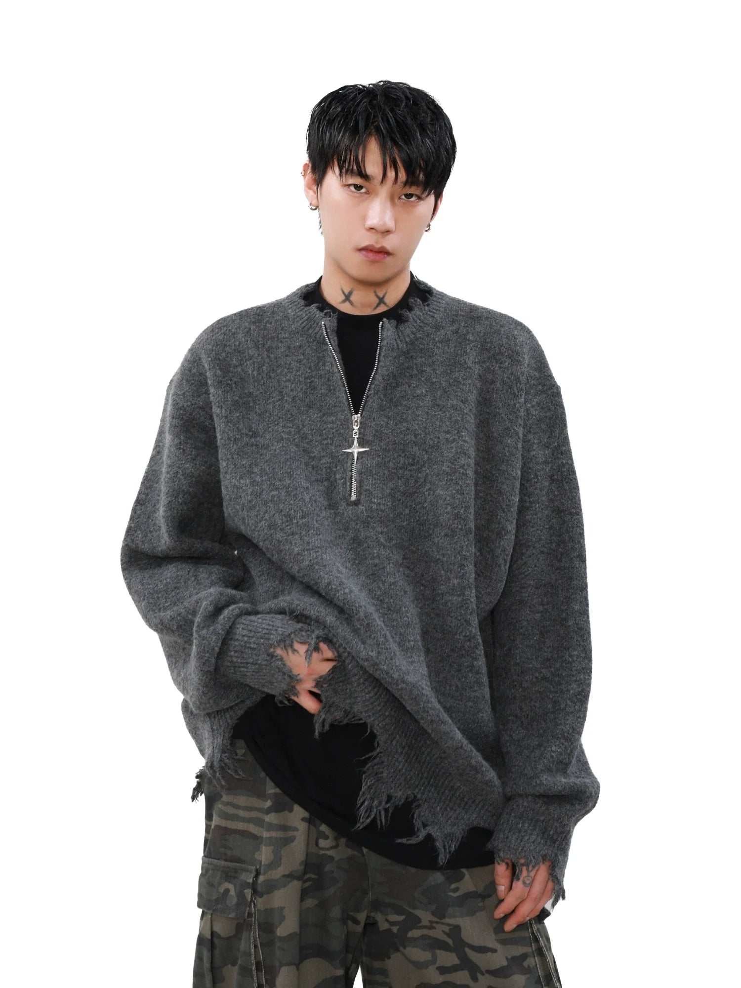 MRNEARLY Distressed Half Zip Deconstruction Sweater