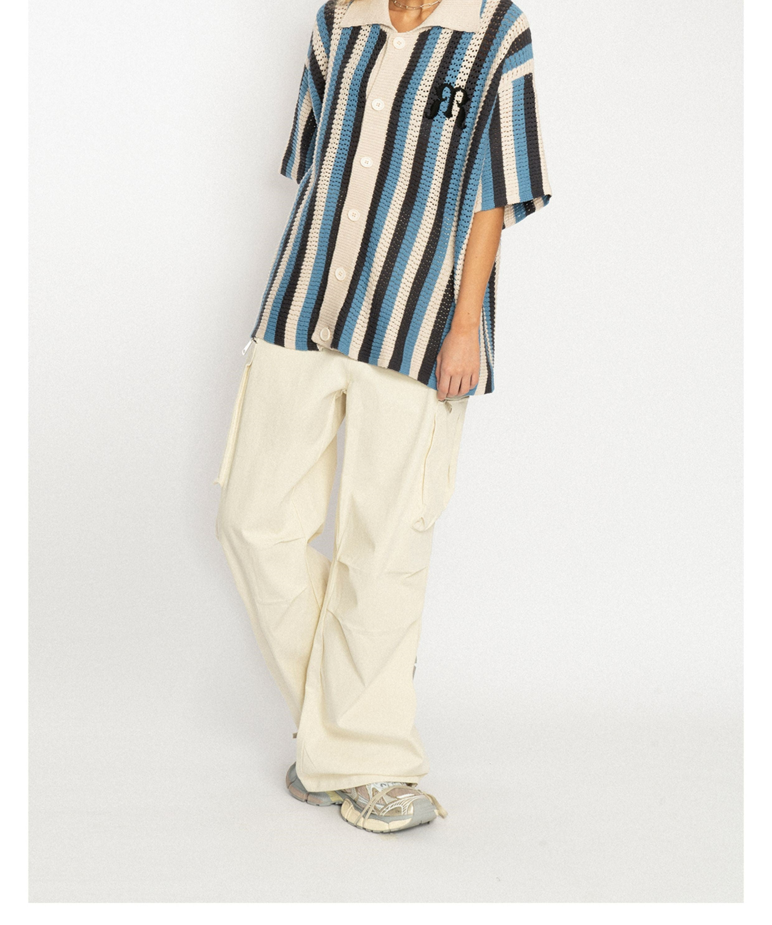 EMPTY REFERENCE Striped Crochet Collar Shirt