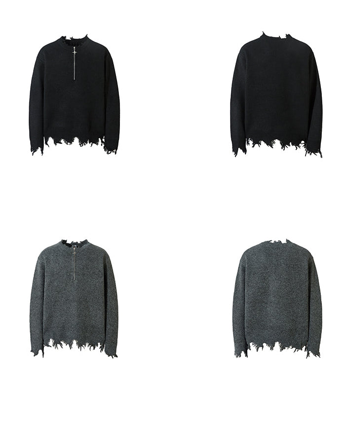MRNEARLY Distressed Half Zip Deconstruction Sweater