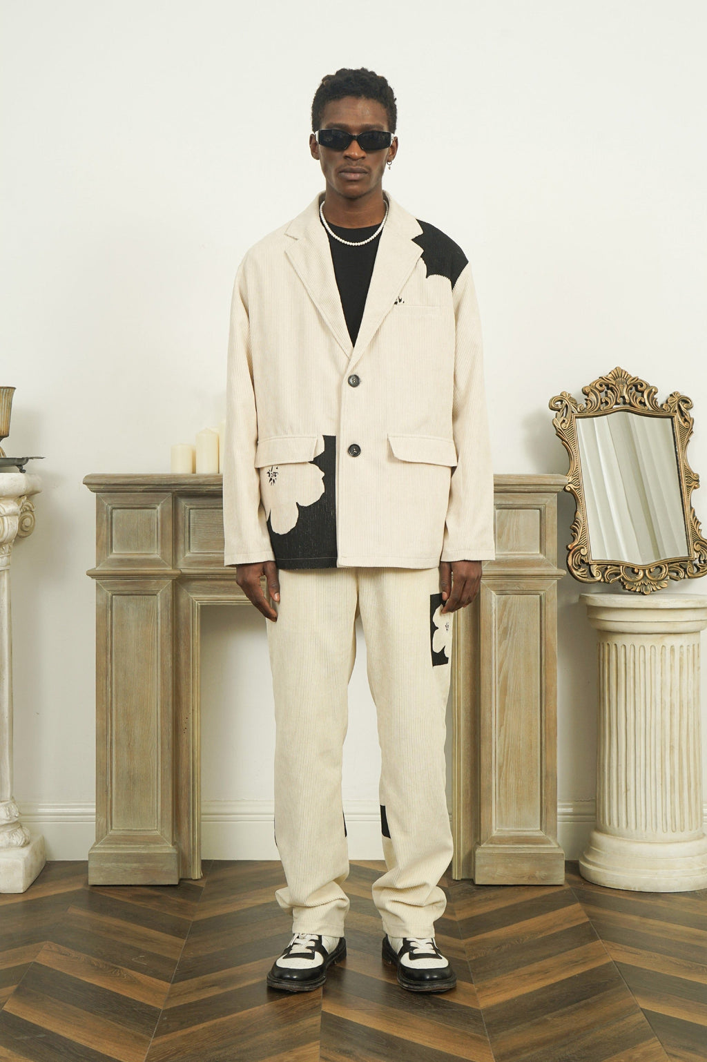EMPTY REFERENCE Two-Tone Flower Corduroy Blazer