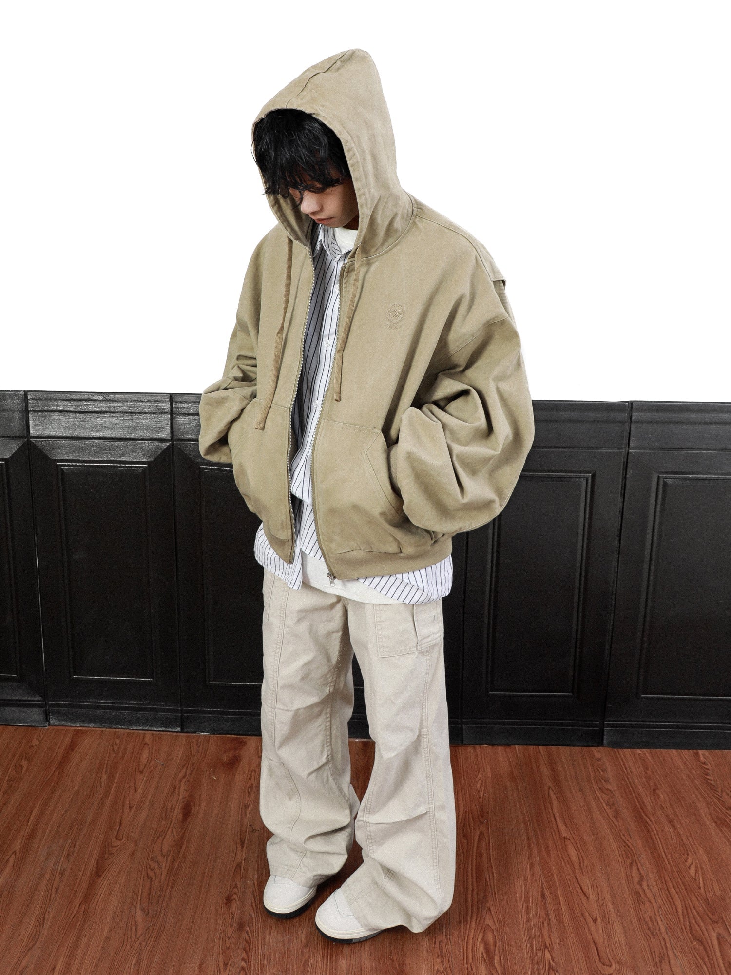 MRNEARLY Vintage Washed Embroidered Silohuette Zip Jacket