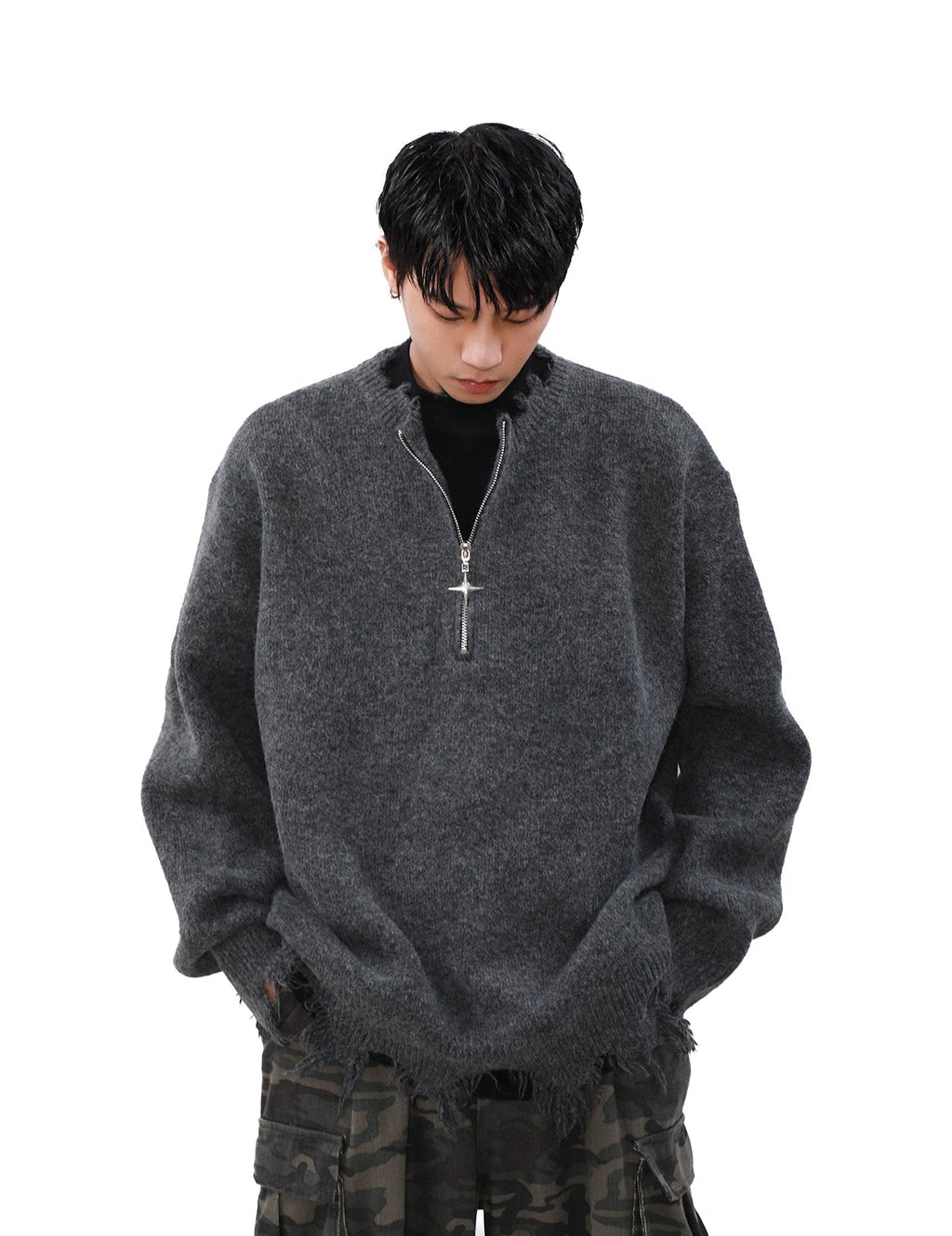 MRNEARLY Distressed Half Zip Deconstruction Sweater
