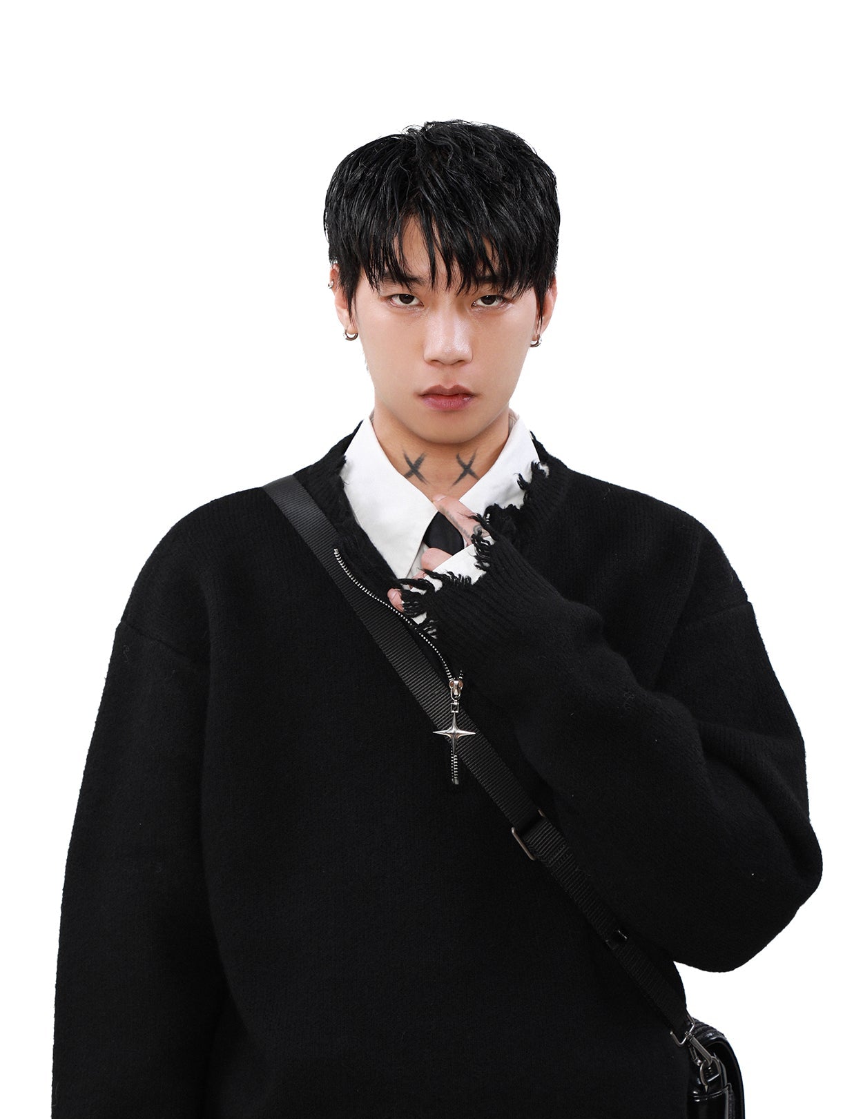 MRNEARLY Distressed Half Zip Deconstruction Sweater