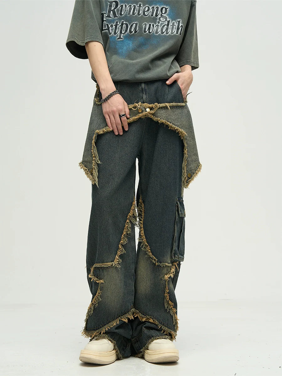 WLNEXT Raw Edge Star Stitched Jeans