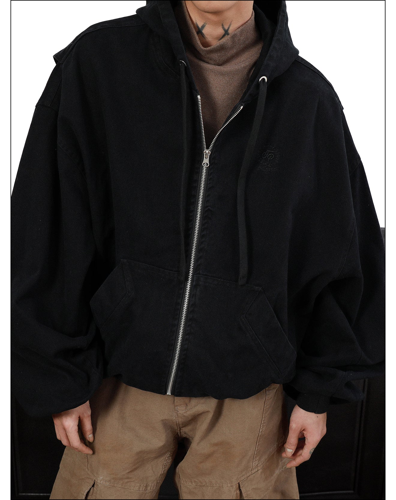 MRNEARLY Vintage Washed Embroidered Silohuette Zip Jacket