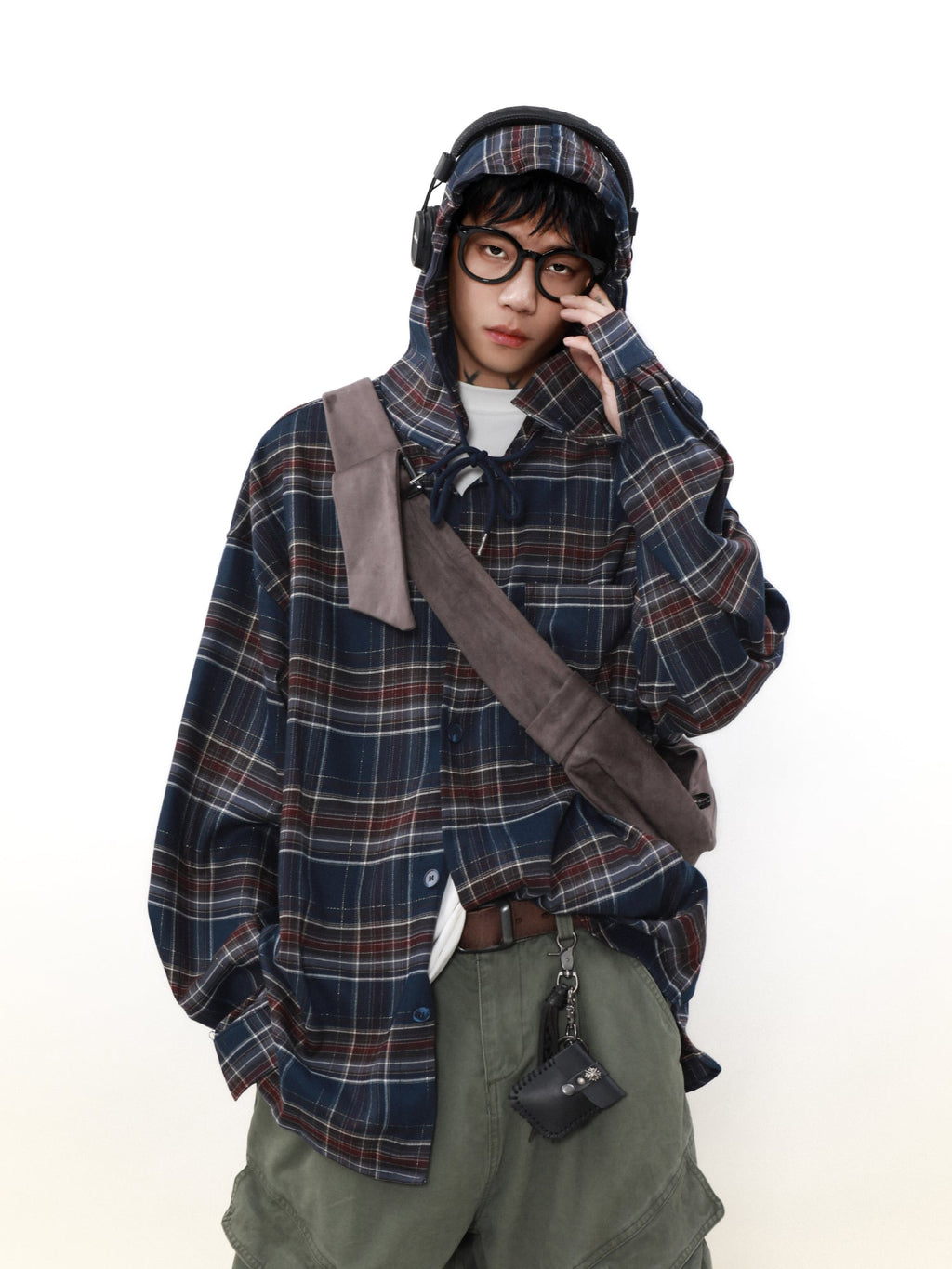 MRNEARLY Shadow Plaid Hooded Flannel Jacket