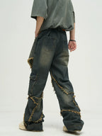 WLNEXT Raw Edge Star Stitched Jeans