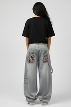 Baggy Light-Wash Jeans with Cartoon Graphics