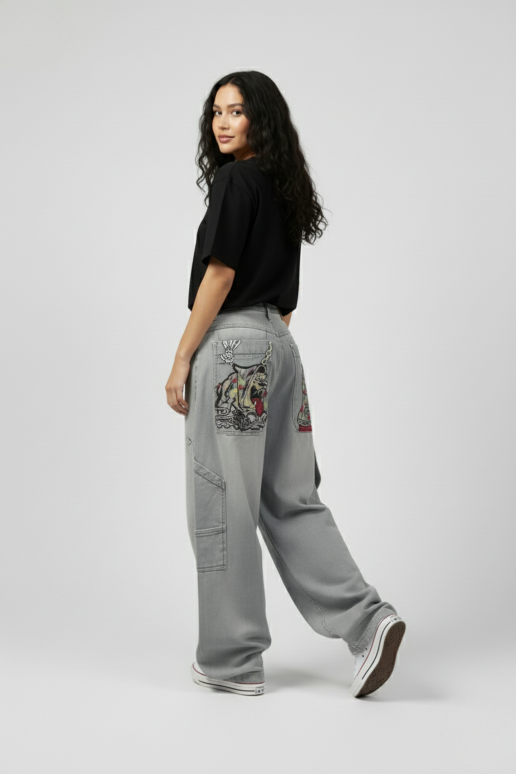 Baggy Light-Wash Jeans with Cartoon Graphics