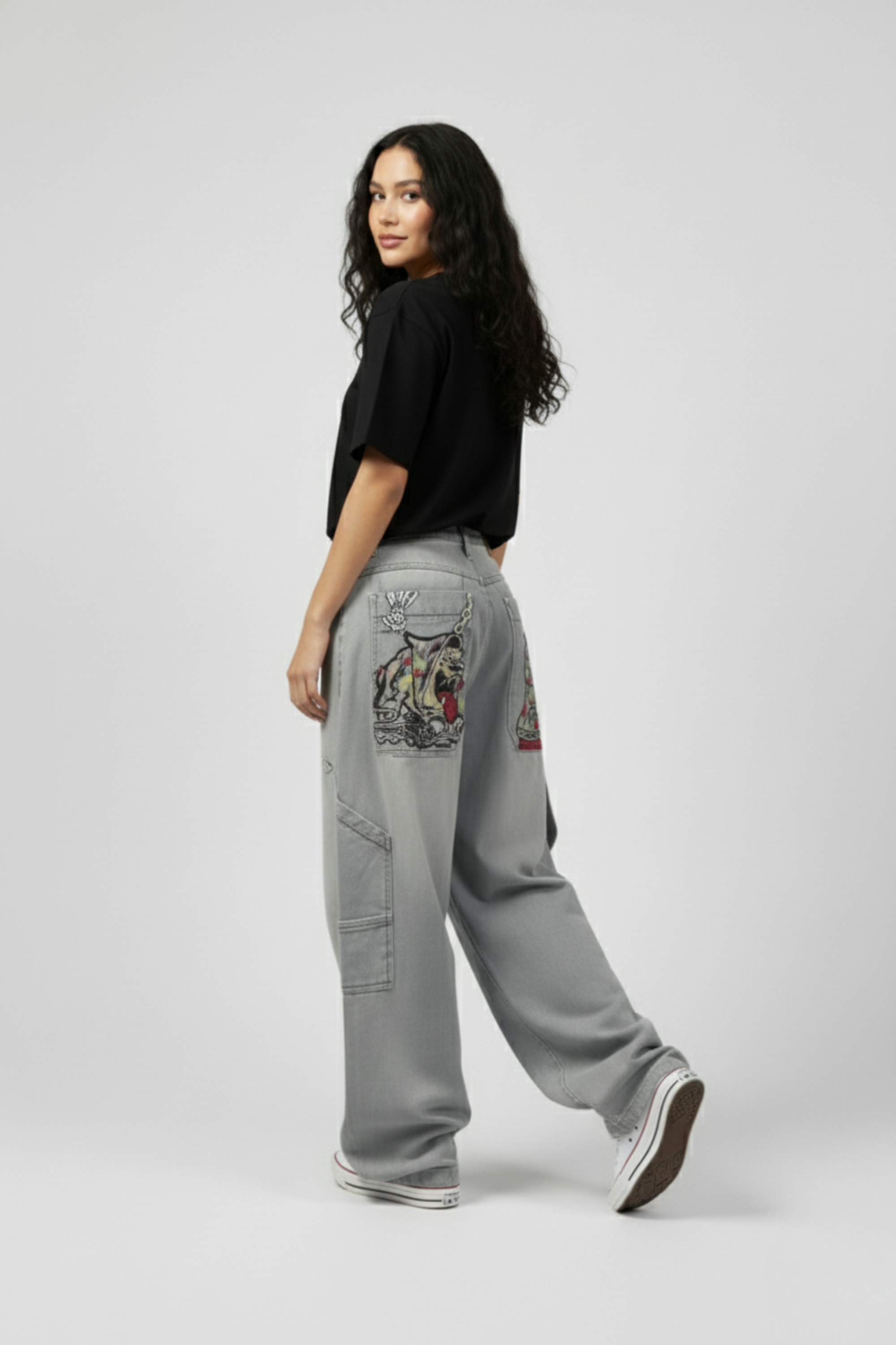 Baggy Light-Wash Jeans with Cartoon Graphics