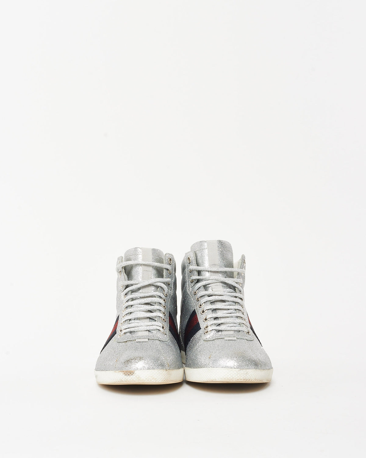 Gucci Silver Glitter Web High-Top Sneakers - 7.5 MEN