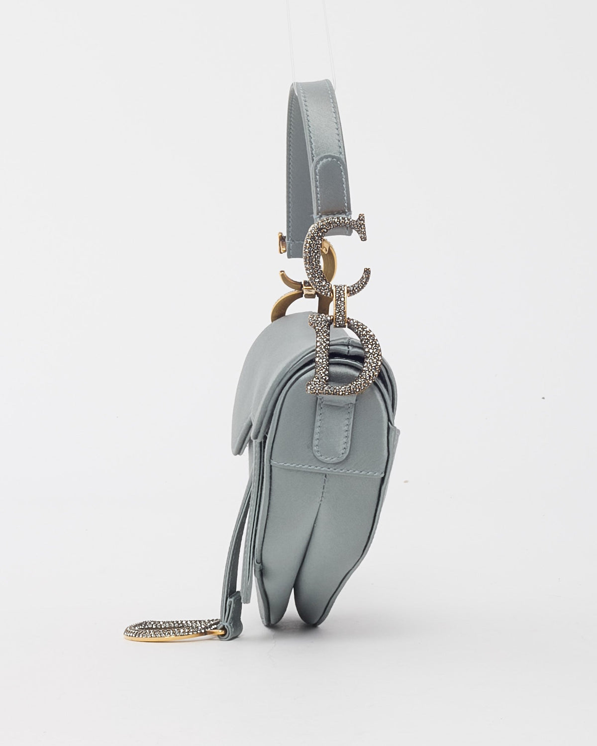 Dior Limited Edition Dust Blue Satin Crystal Embellished Mini Saddle Bag