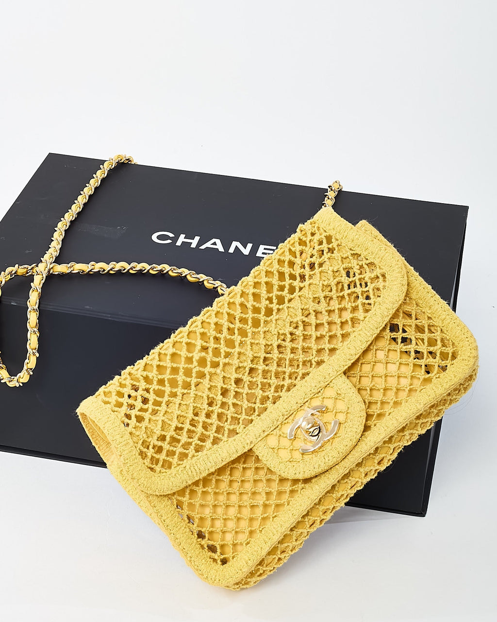 Chanel Coco Beach Yellow Mesh Macrame Small Flap Bag GHW