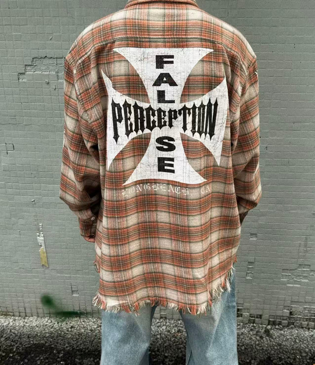 MIXED EMOTION Plaid Graphic Distressed Shirt