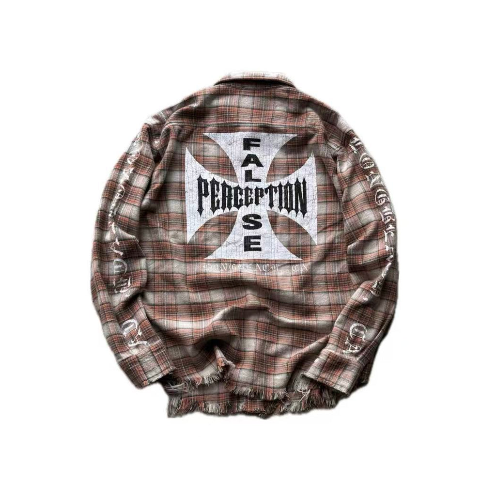 MIXED EMOTION Plaid Graphic Distressed Shirt